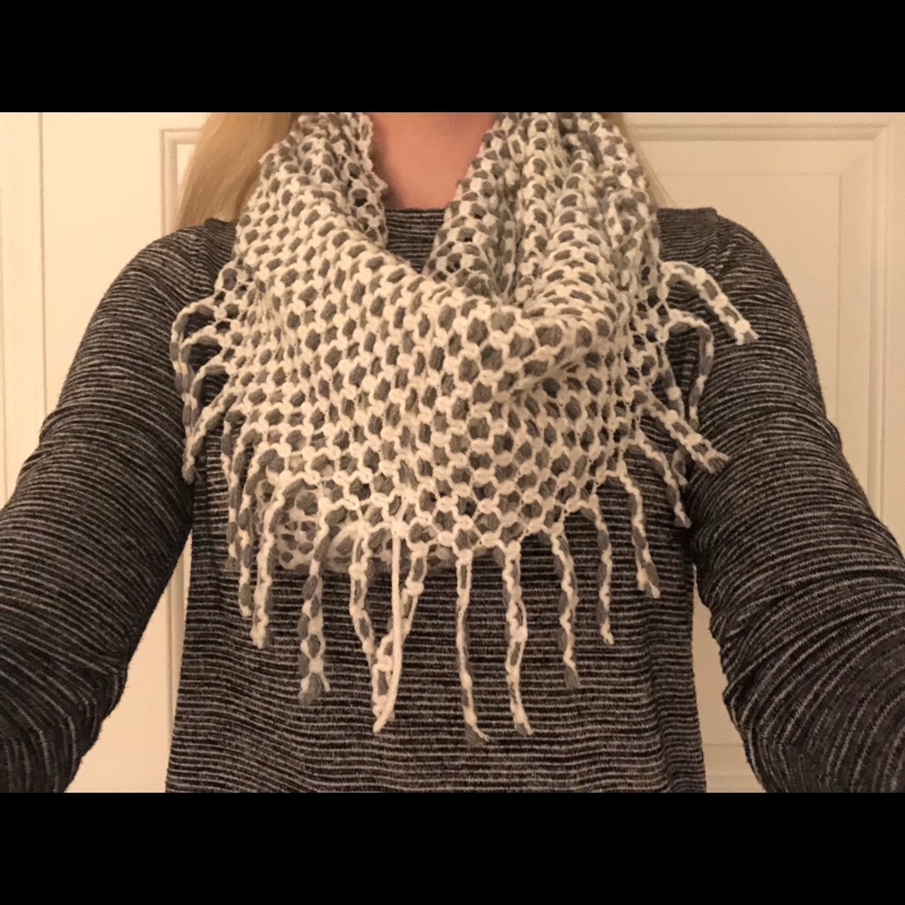 Grey and white infinity scarf